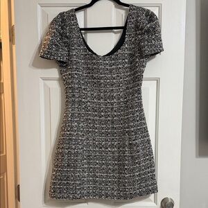 AQUA Black and White Tweed Short Sleeve Dress